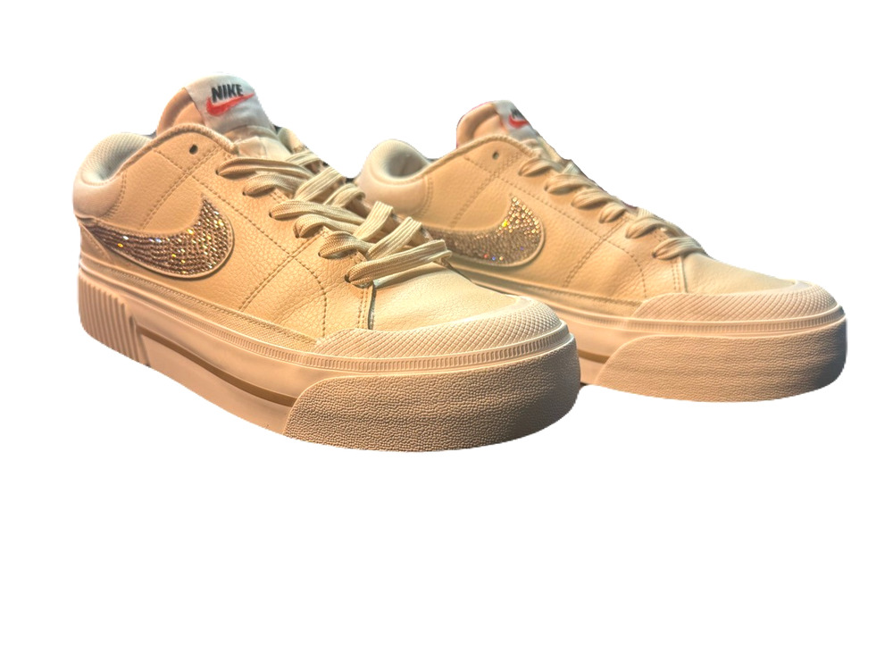 Size 8.5- Nike Court Legacy Lift Pearl White with Champagne Rhinestones